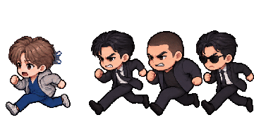 Kim Dan huyendo de tres mafiosos en pixel art